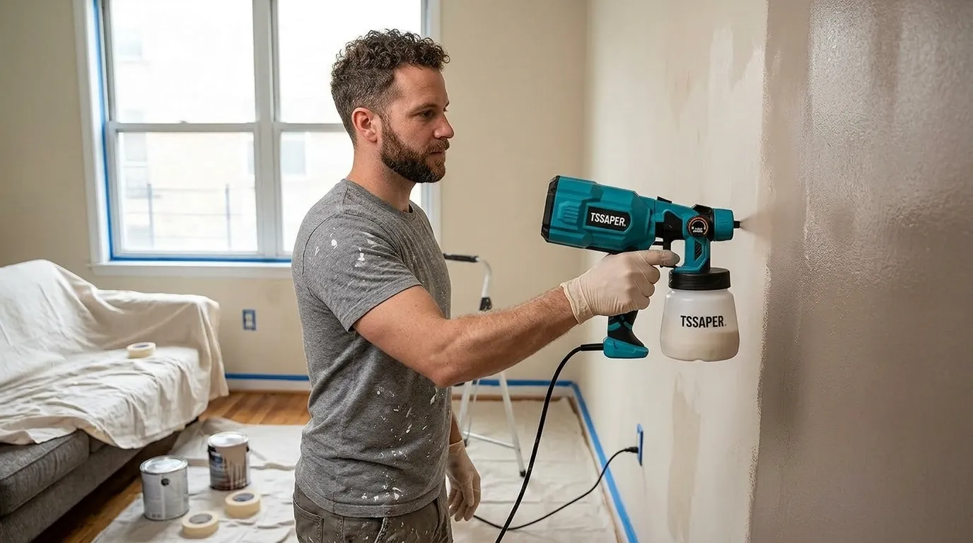 Pistola de pintura elétrica Tssaper em ambiente profissional